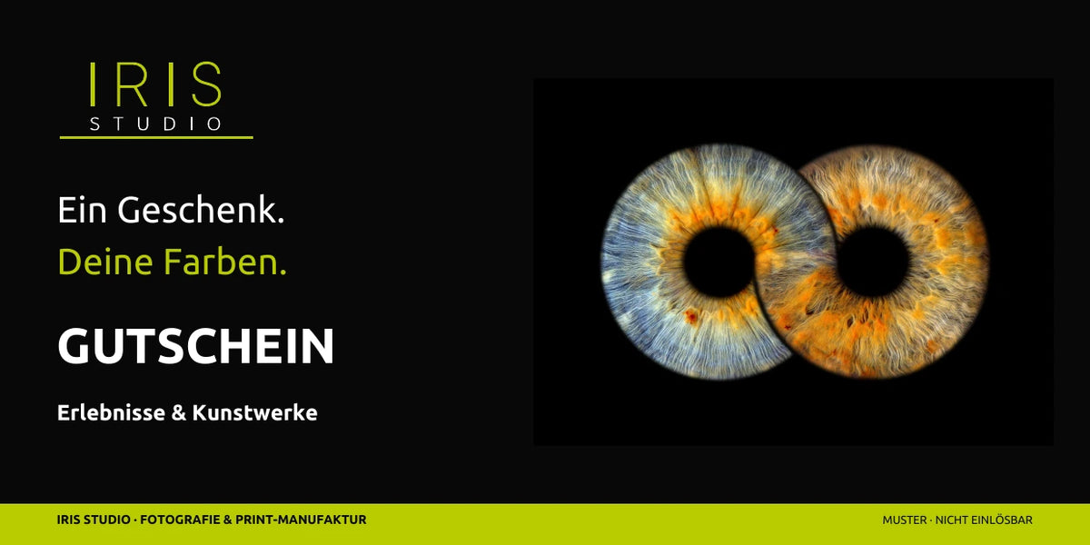 IRIS-Gutschein · Vorderseite – universelles Gestaltungsmuster mit Infinity-Motiv. Gebuchte Leistung auf individueller Rückseite. Nicht einlösbar.